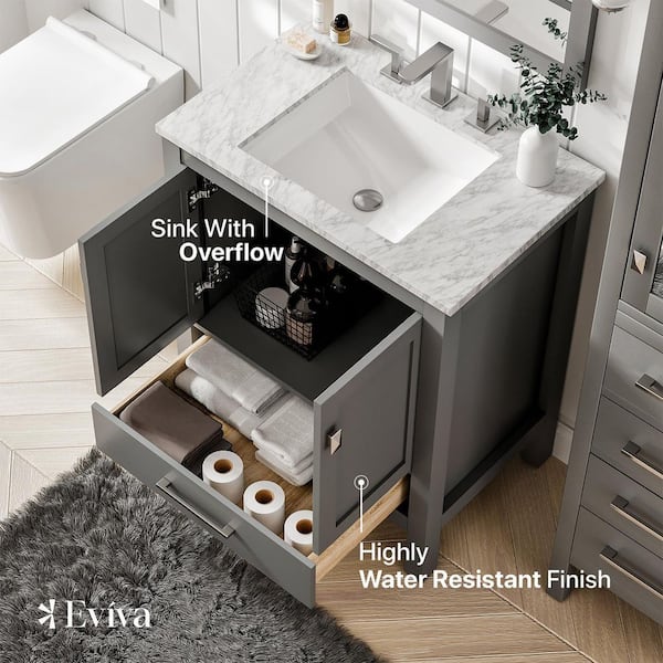 Eviva Aberdeen 60 Transitional Grey Bathroom Vanity with White Carrera  Countertop & Double Square Sinks