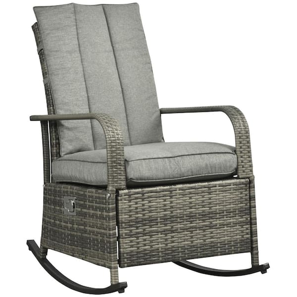 Misopily Rattan Wood Outdoor Rocking Chair Patio Recliner with Soft Cushions, Adjustable Footrest, Max. 135° Backrest, Gray