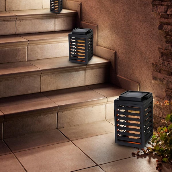 Hampton Bay 8.4 in. Black Plastic LED Flicker Flame Outdoor Solar Lantern Lamp