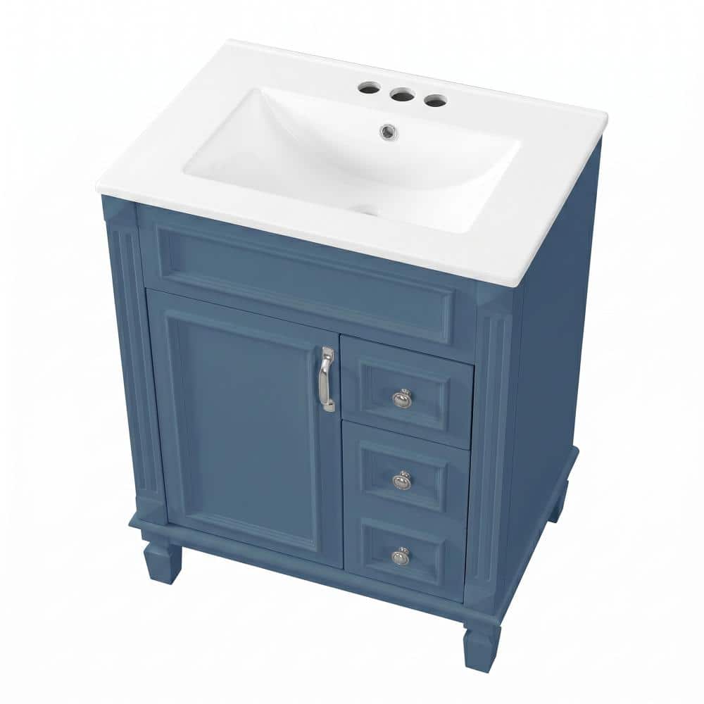 24 in. Freestanding Solid Wood Bathroom Vanity in Blue with Glossy White Ceramic Top price history on PriceWatchPro