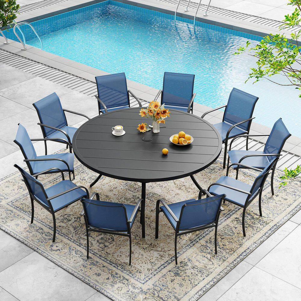 11-Piece Patio Dining Set with 60 in. Black Metal Round Table and 10-Blue Stackable Chairs for Backyard, Garden