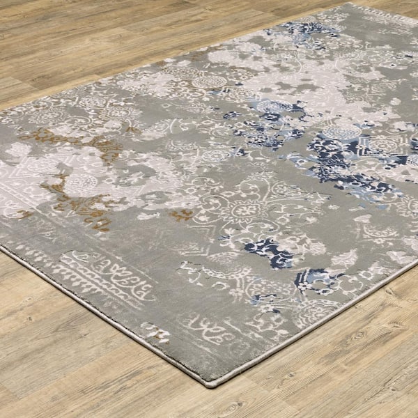 Emory Gray/Blue 10 ft. x 13 ft. Distressed Abstract Oriental Polypropylene Polyester Blend Indoor Area Rug