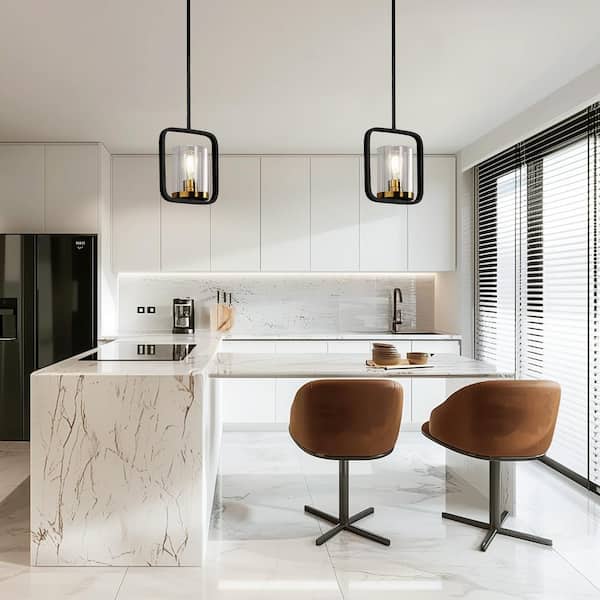 1-Light Black and Gold Kitchen Island Pendant Light with Clear Glass Shade for Dining Room