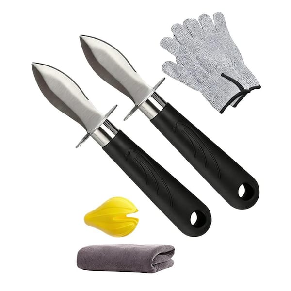 Oyster Knife Shucker Set with Cut Resistant Level 5 Protection, 2 Knives, 2 Gloves, 1 Cloth for Seafood Opening(1-Pack)