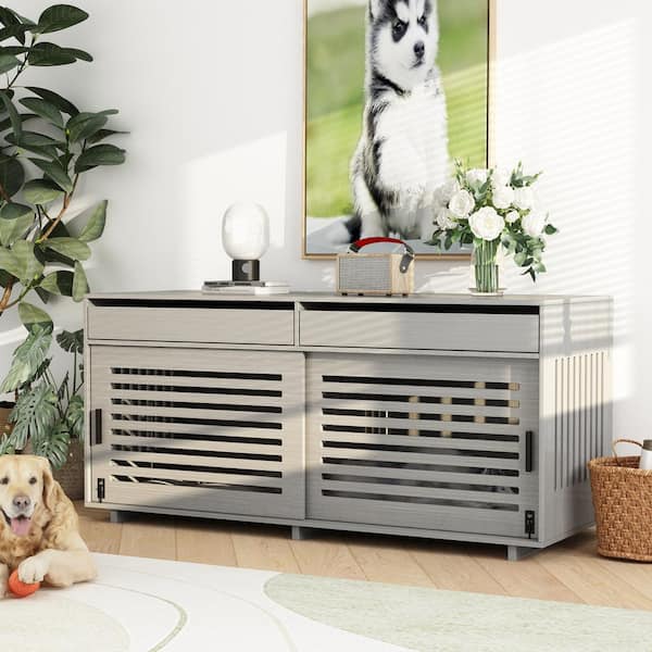 FUFU&GAGA Wooden Dog Crate Kennel, Gray Dog Cage Furniture with 2 Drawers and Divider, Heavy Duty Dog Crate for Small Medium Dogs