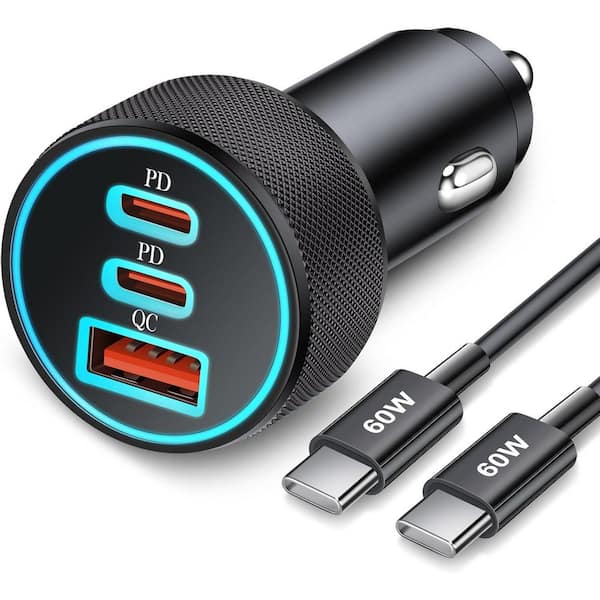 67W 3-Port Fast Type C Car Charger USB C PD/QC Adapter Samsung Galaxy and iPhone 16/15 Pro Max plus 3 ft. USB-C Cable