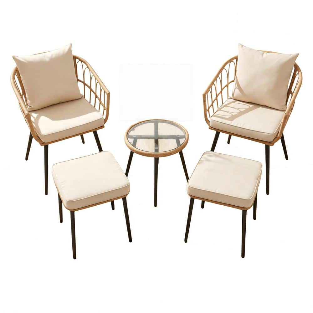 5-Piece Wicker Outdoor Bistro Set with Beige Cushions, 2 Rattan Armchairs + 2 Ottomans + Tempered Glass Side Table price history on PriceWatchPro