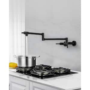 Wall Mounted Pot Filler with Double Joint Swing Arm and Hot and Cold Water in Matte Black