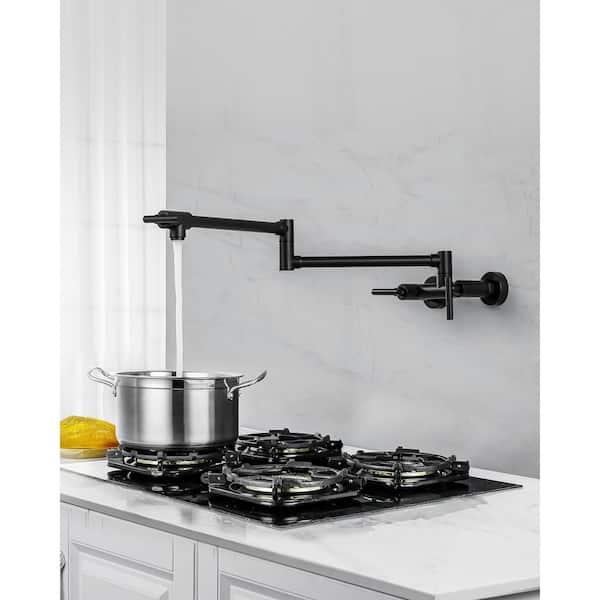 Wall Mounted Brass Pot Filler Folding Faucet with Double Joint Swing Arms and Hot Cold Water in Oil Matte Black