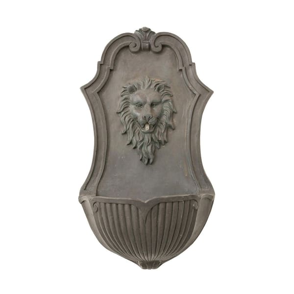 XBRAND 26" Solar-Powered Wall-Mounted Lion Head Waterfall Fountain, Resin, Outdoor, Gray