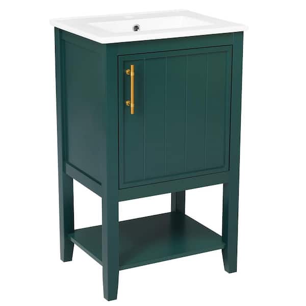 Logmey 20 in. W x 15.5 in. D x 33.5 in. H Freestanding Bath Vanity in Green with White Ceramic Top, Single Basin Sink and Shelf