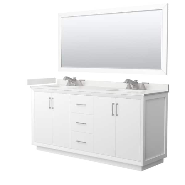 Wyndham Collection Strada 72 in. W x 22 in. D x 35 in. H Double Bath Vanity in White with White Quartz Top and 70 in. Mirror