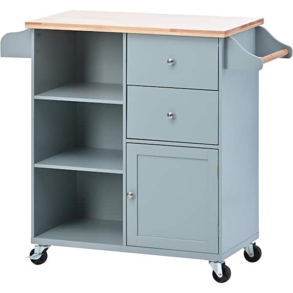 Runesay Small Gray Blue Rubber Wood Countertop 41.3 in. W Kitchen Island Cart with 2-Drawers and 5-Open Shelves on 4-Wheels