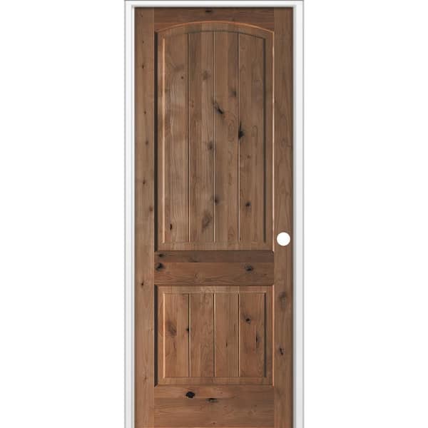 36 in. x 96 in. Rustic 2-Panel Arch Top VG Left-Hand True Black Stain Knotty Alder Wood Single Prehung Interior Door