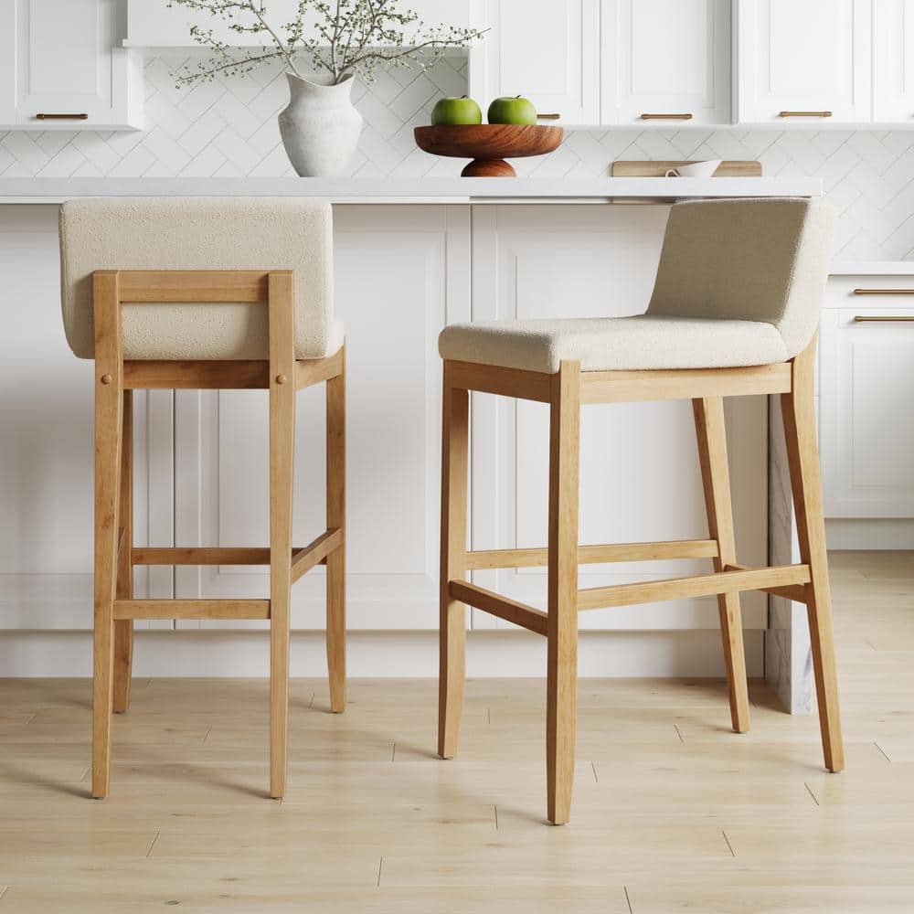 Gracie 29 in. Warm Pine Low Back Solid Wood Legs Bar Stool with Cream Boucle Fabric Upholstered Seat, 9 (Set of 2)
