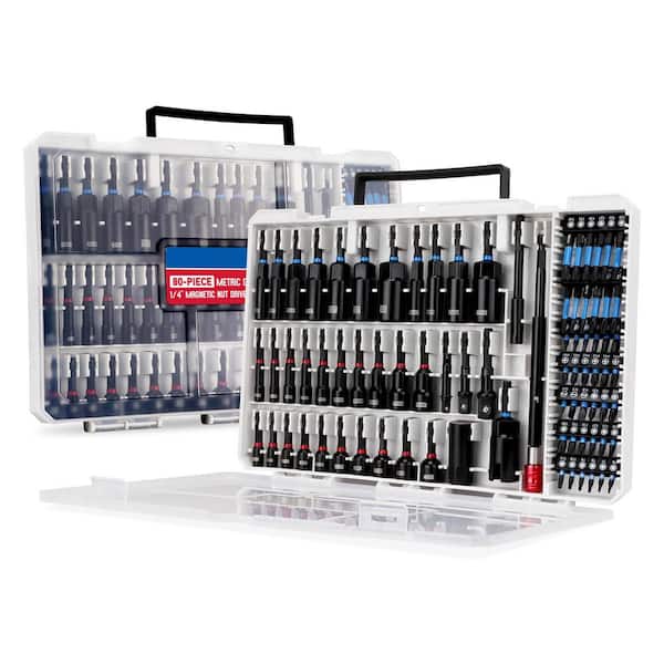 80 Piece Cr-V S2 Steel Magnetic Impact Nut Driver Set with Deep Sockets SAE Metric Socket Adapters Power Bits