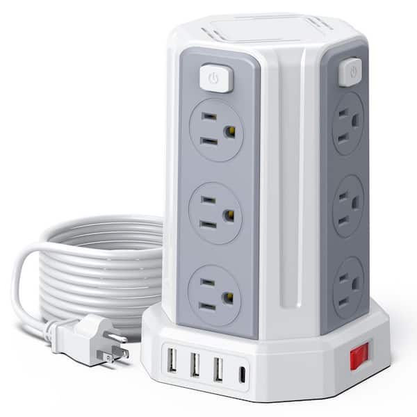 White 10 ft. 12-Outlet Extension Cord with 12 AC Multiple Outlets 4 USB, Power Tower Desktop Charging Station