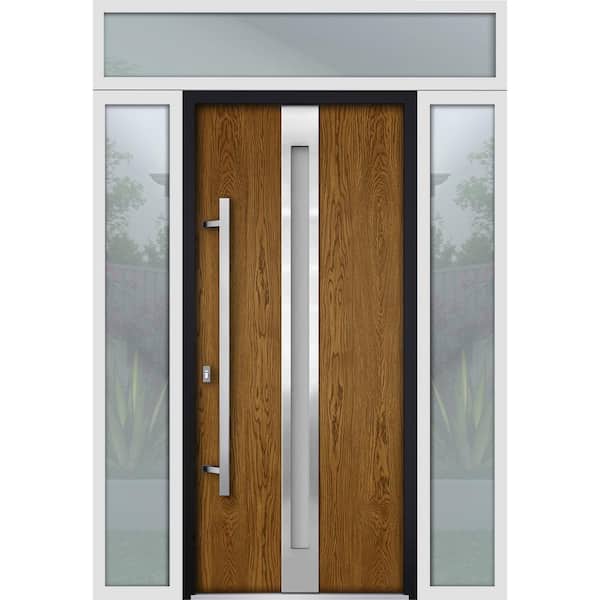 VDOMDOORS 60 in. x 96 in. Right-Hand/Inswing 3 Sidelights Frosted Glass Oak Steel Prehung Front Door with Hardware