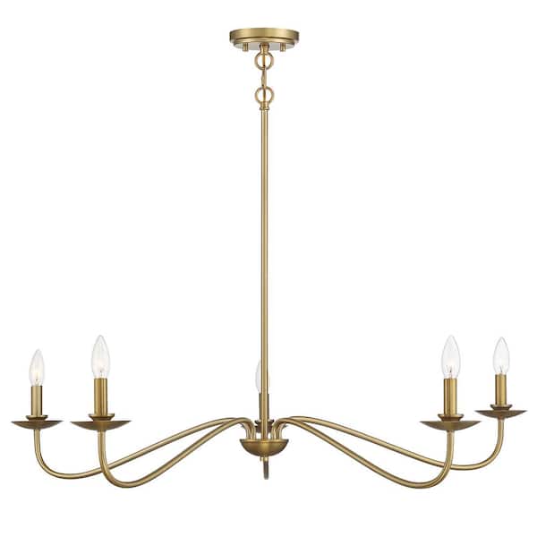 TUXEDO PARK LIGHTING 42 in. W x 7 in. H 5-Light Natural Brass Candlestick Chandelier with Curved Arms and No Bulbs Included