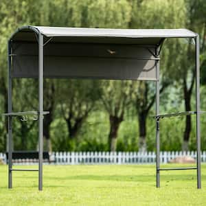 7 ft. W x 6.8 ft. H Gray Outdoor Steel Double Tiered Patio Grill Gazebo with Side Awning Bar Counters and Hooks