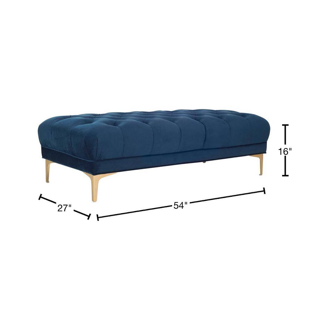 Transitional Navy Velvet Tufted Bench with Brass Legs