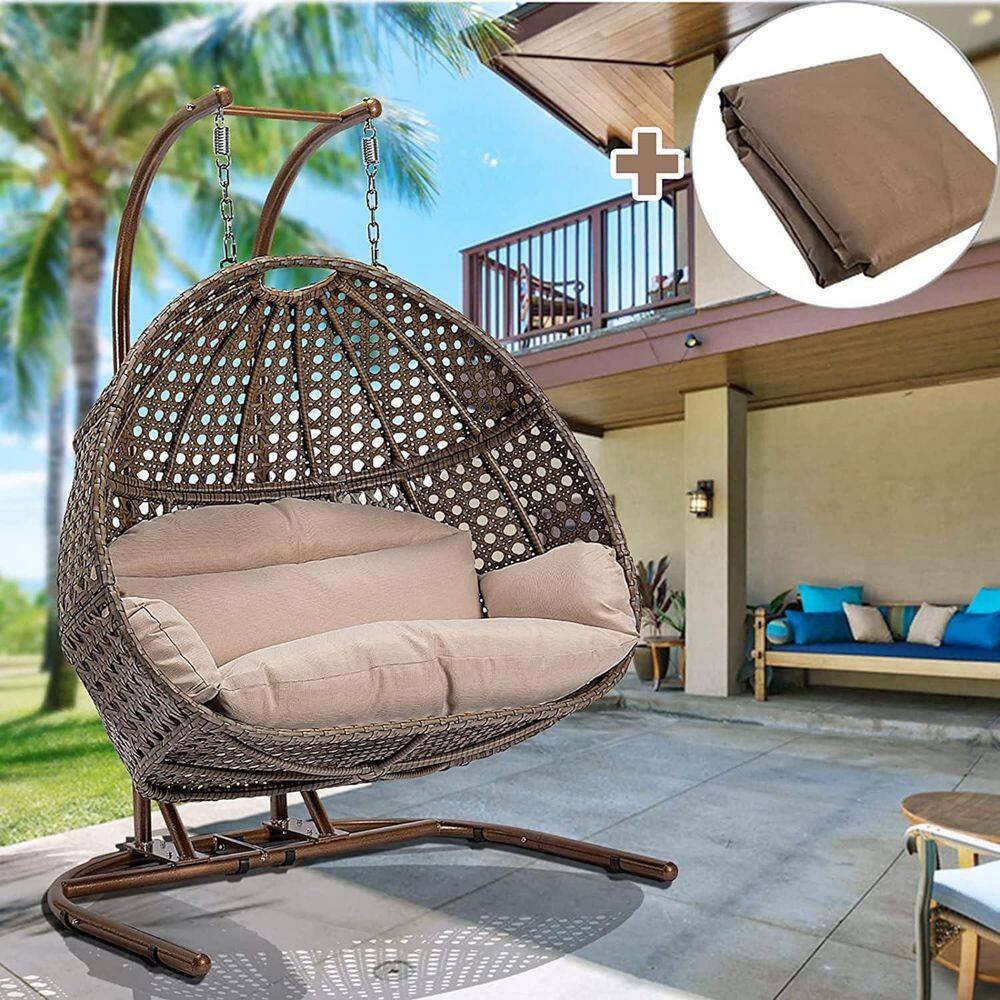 Brown Wicker Hanging Double-Seat Swing Chair with Stand with Beige Cushion price history on PriceWatchPro