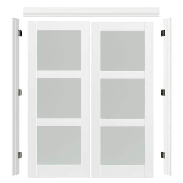 Assembly Required 48 in. x 80 in. 3-Lite Frosted Glass White Pine Wood Universal French Door w/Separate Jamb