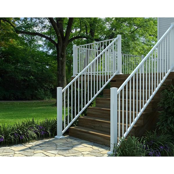 FORTRESS Al13 Home Rail 6.1 in. H x 6.1 in. W Matte White Aluminum Line Post with Base Cover and Brackets Stair Railing Kit