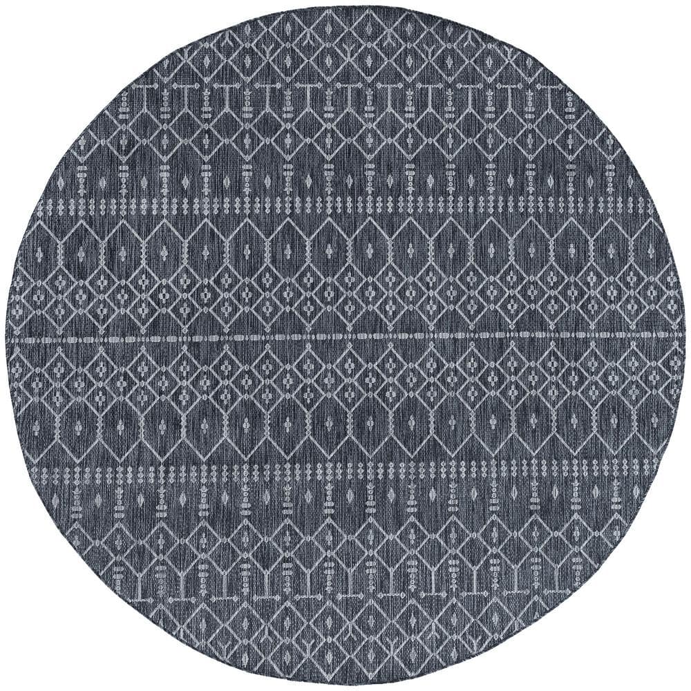 Tayse Rugs Veranda Geometric Charcoal 6 ft. Round Indoor/Outdoor Area ...