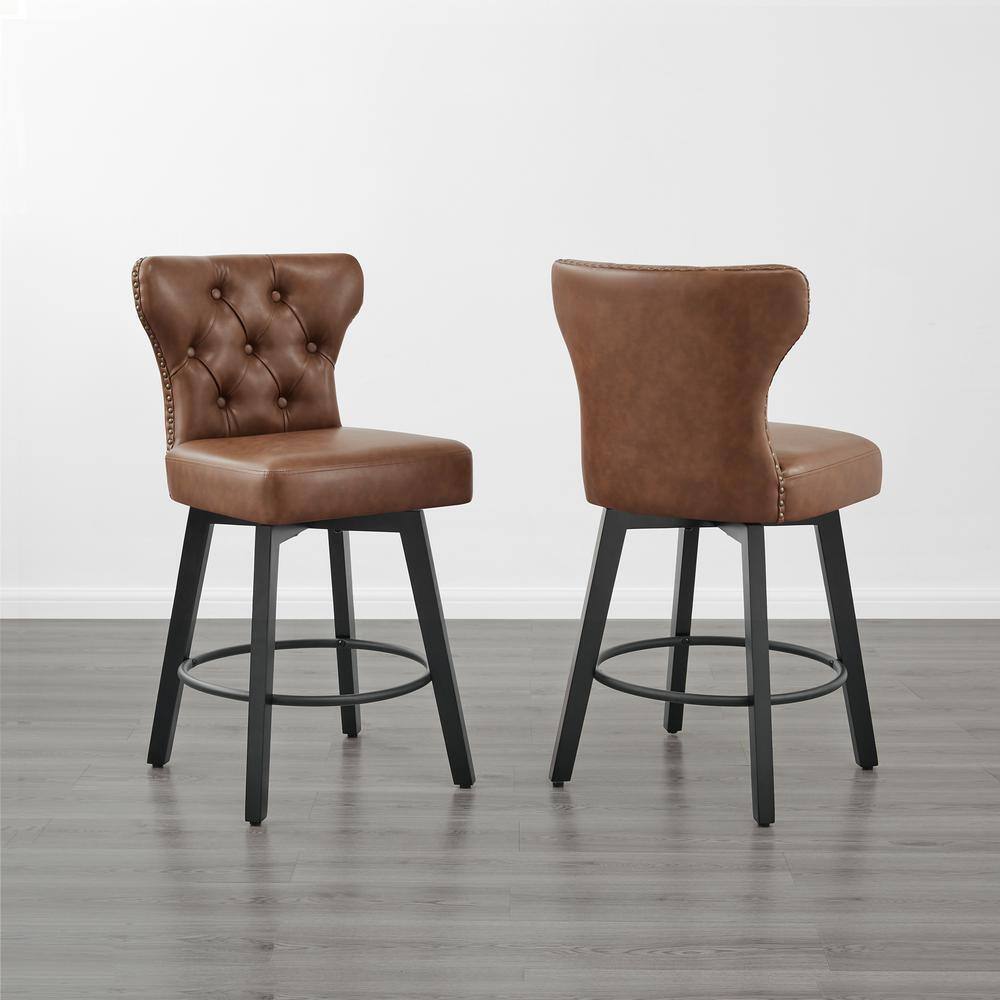 Brown Faux Leather Swivel Counter Height Bar Stools with Wood Frame, Set of 2