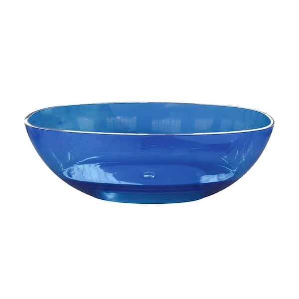 64 in. x 29.6 in. Oval Stone Resin Freestanding Soaking Bathtub in Transparent Blue