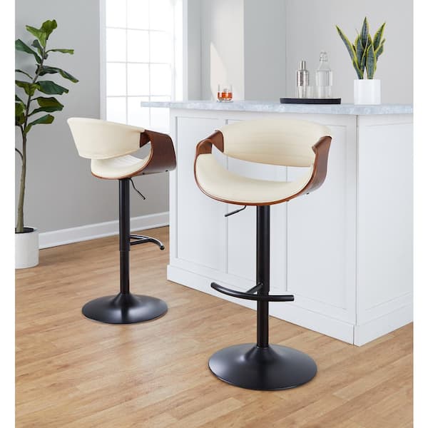 Lumisource Symphony 32.5 in. Cream Faux Leather, Walnut Wood and Black Metal Adjustable Bar Stool (Set of 2)