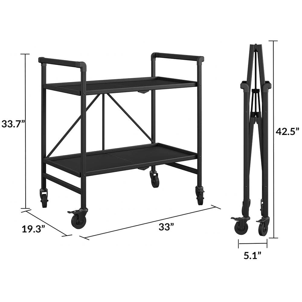 Black Steel 2-Shelf Rolling Serving Cart with Locking Wheels