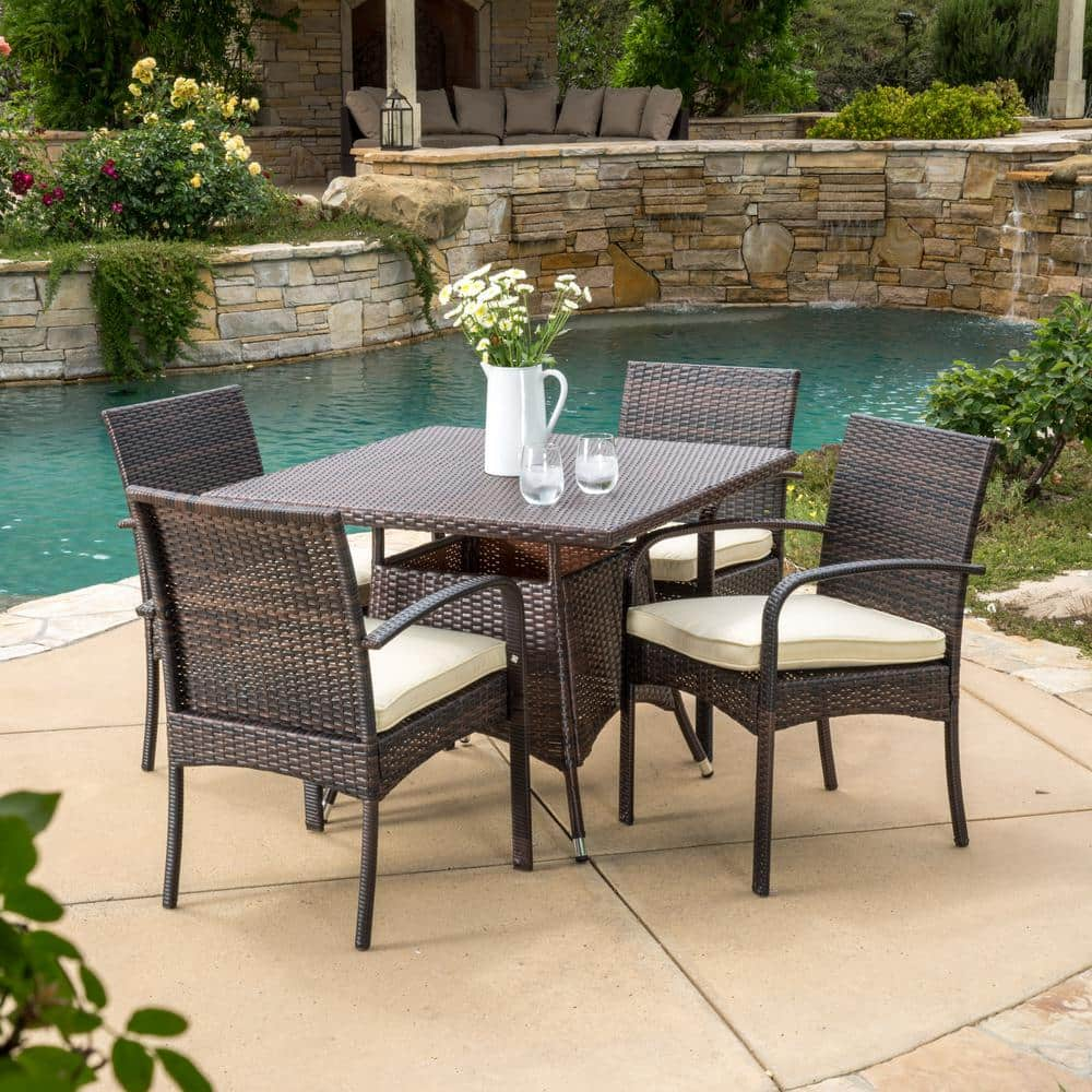 Noble House Patterson Multi-Brown 5-Piece Faux Rattan Patio Outdoor ...