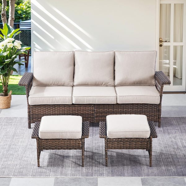 Gymojoy StLouis Brown 3-Piece Wicker Outdoor Couch with Ottoman with Beige Cushions