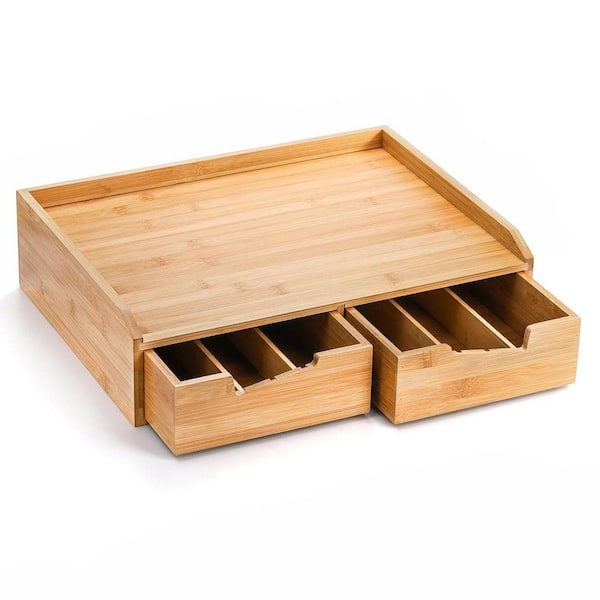 Natural Bamboo Coffee Pod Drawer Organizer with Adjustable Divider and Side Storage Box for Kitchen or Office