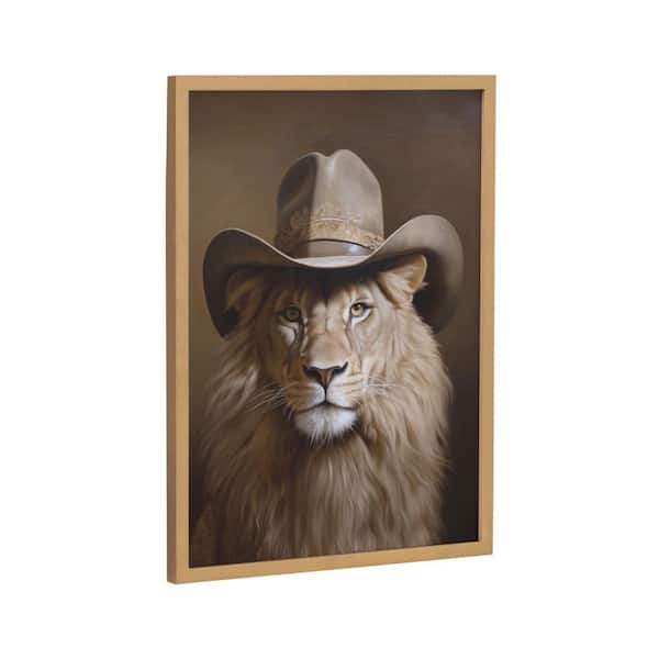 Kate and Laurel Gallery Lion Wearing a Western Cowboy Hat by Gold Framed Art Print 12 in. x 16 in.