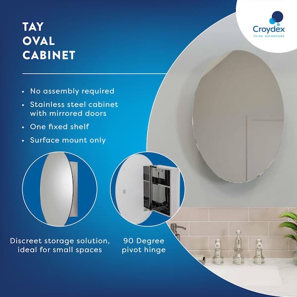 Croydex 18-in x 26-in Surface Mount Polished Stainless Steel Mirrored Oval Medicine Cabinet