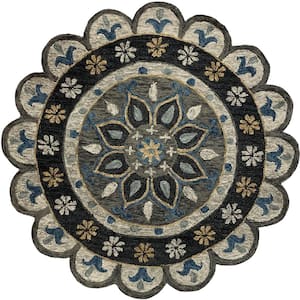 Delilah Zeno Gray 4 ft. 10 in. Round Floral Dreaming Medallion Scallop Border Wool Area Rug