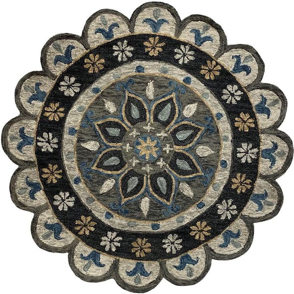 LR Home Delilah Zeno Gray 4 ft. 10 in. Round Floral Dreaming Medallion Scallop Border Wool Area Rug