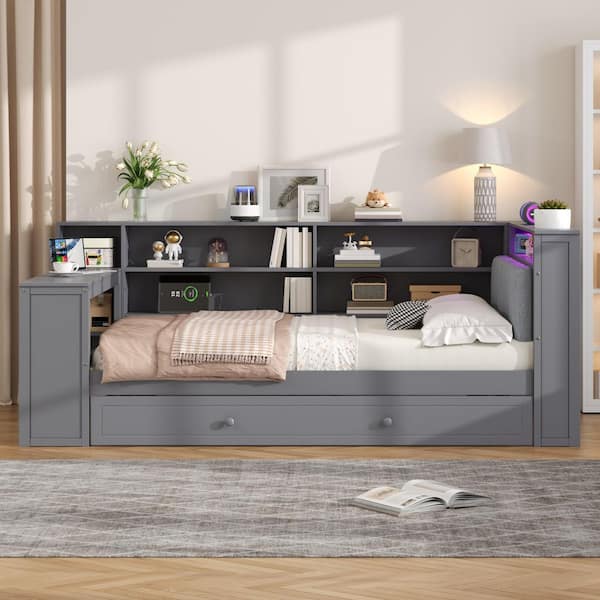 Gray Wood Frame Full Platform Bed with Upholstered Headboard, Drawers and Charging Station