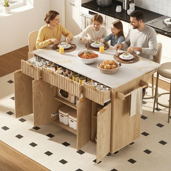 Farmhouse Natural Wood 55.5 in. Power Outlet Drop Leaf Curved Edge Storage Kitchen Island with 4-Door and 3-Drawer