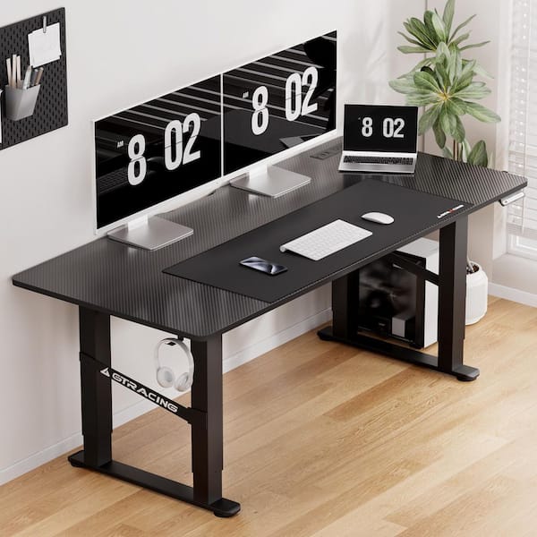 55 in. W Gaming Desk with LED Lights and Power Outlets Black Standing Desk with Dual Motor Adjustable Height Desk
