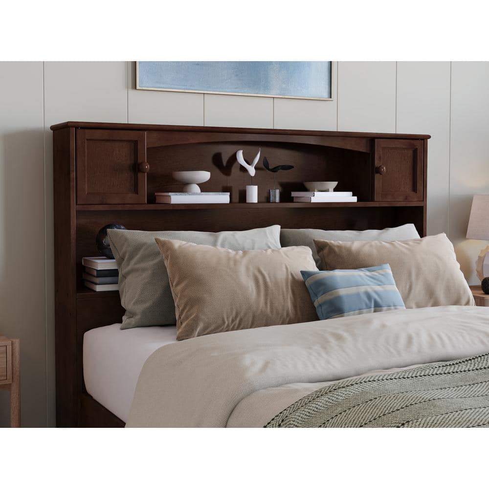 Walnut Full Size Bookcase Headboard with Storage and USB Charger