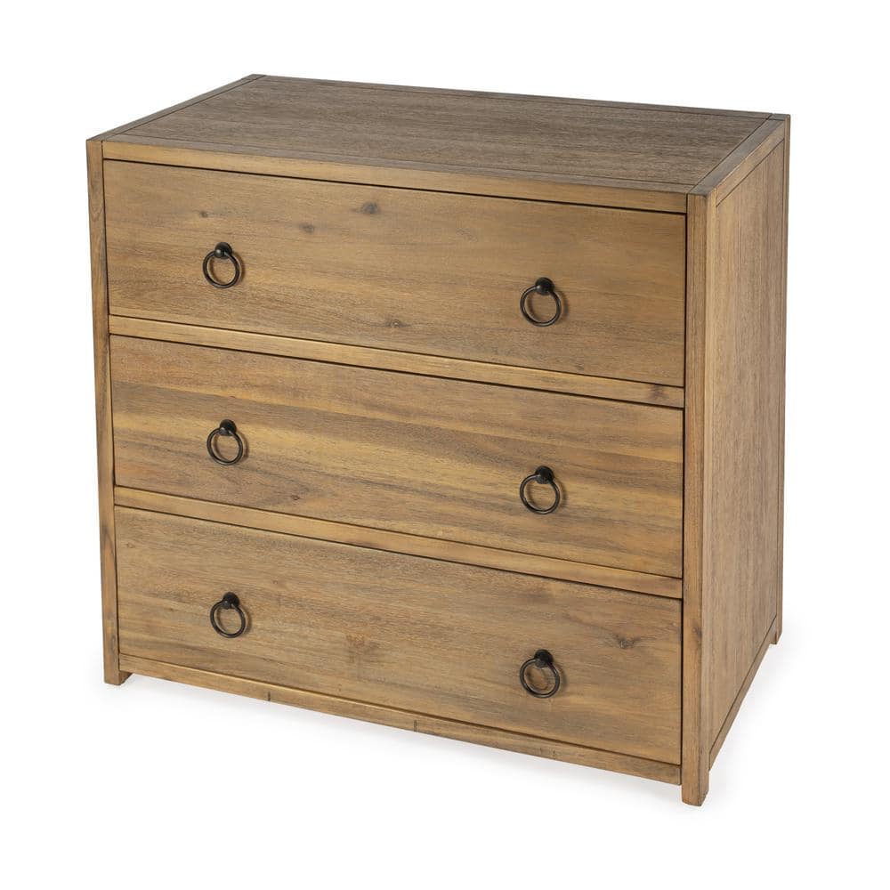 Natural Wood 3-Drawer Chest with Black Metal Hardware