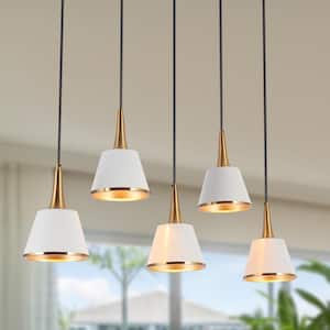 Idaikos Modern 5-Light Black and White Island Chandelier White and Brass Bell Shades for Kitchen Island and Dining Room