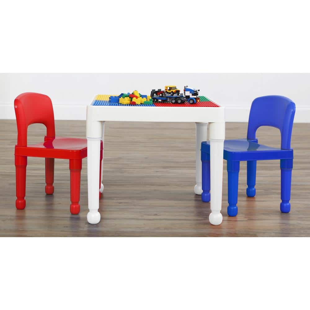 White and Primary Plastic Kids Activity Table with 2 Chairs and Building Blocks