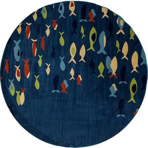 Seaport Fish School Navy blue 5 ft. x 5 ft. Round Area Rug