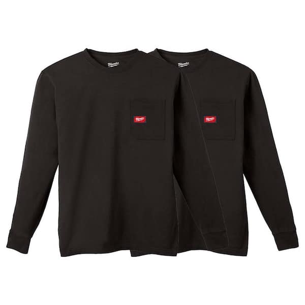Men's Medium Black GRIDIRON Cotton/Polyester Long-Sleeve Pocket T-Shirt (2-Pack)