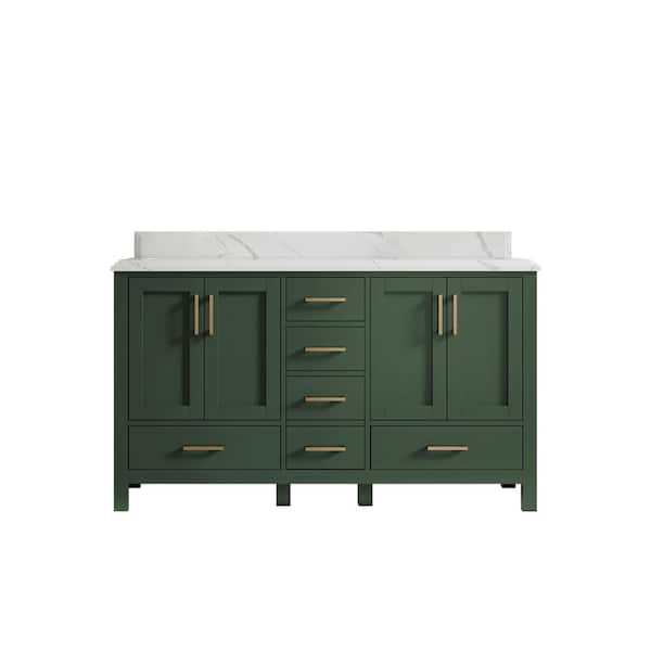 Willow Collections Malibu 60 in. W x 22 in. D x 36 in. H Double Sink Bath Vanity in Green with Cove Edge Calacatta Quartz Top